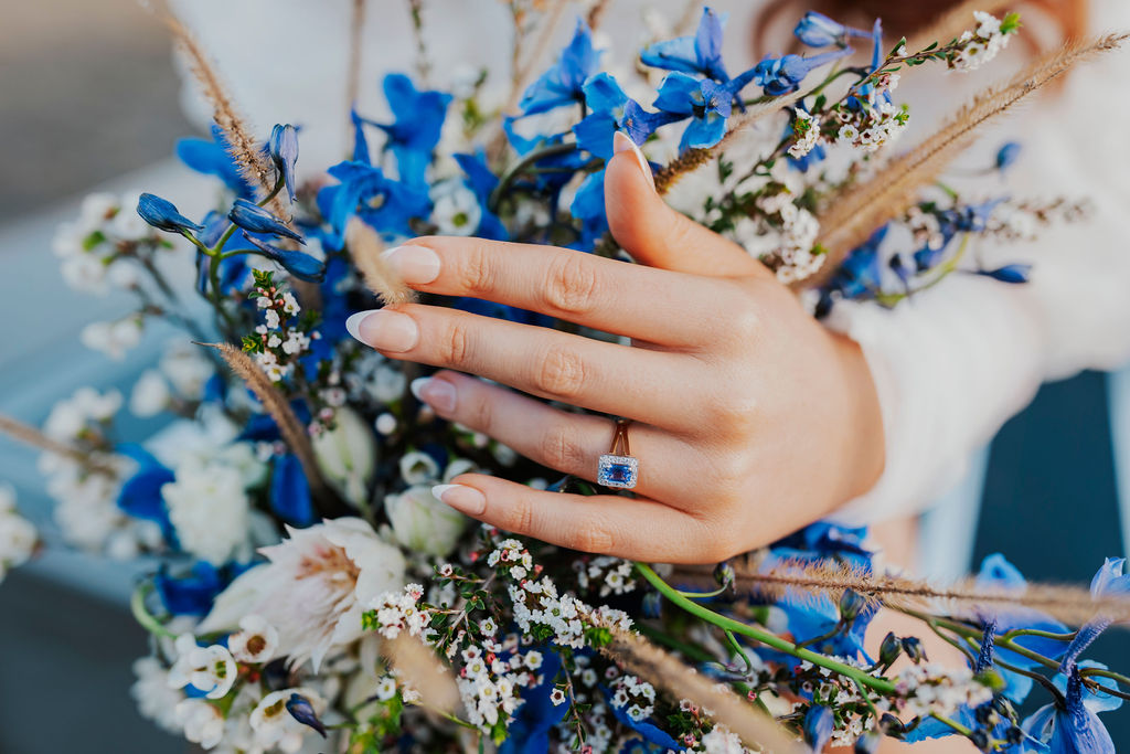 blue and white bridal bouquet 