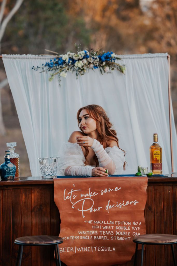 Bride at rustic mobile bar for Gympie wedding on country property 