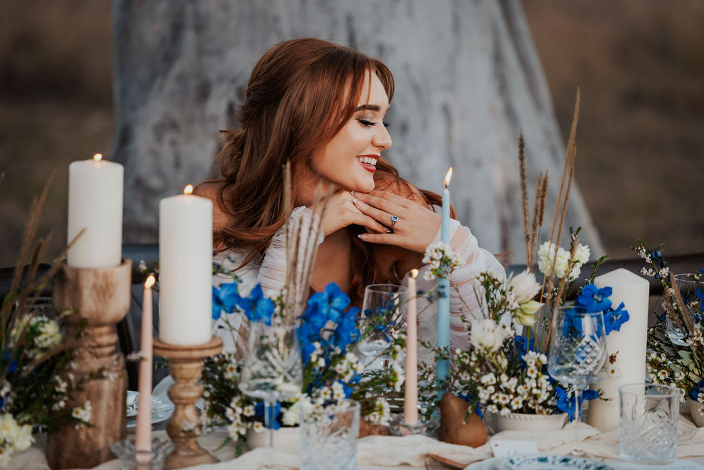 Gympie wedding venue tablescape for outdoor reception with blue and white details